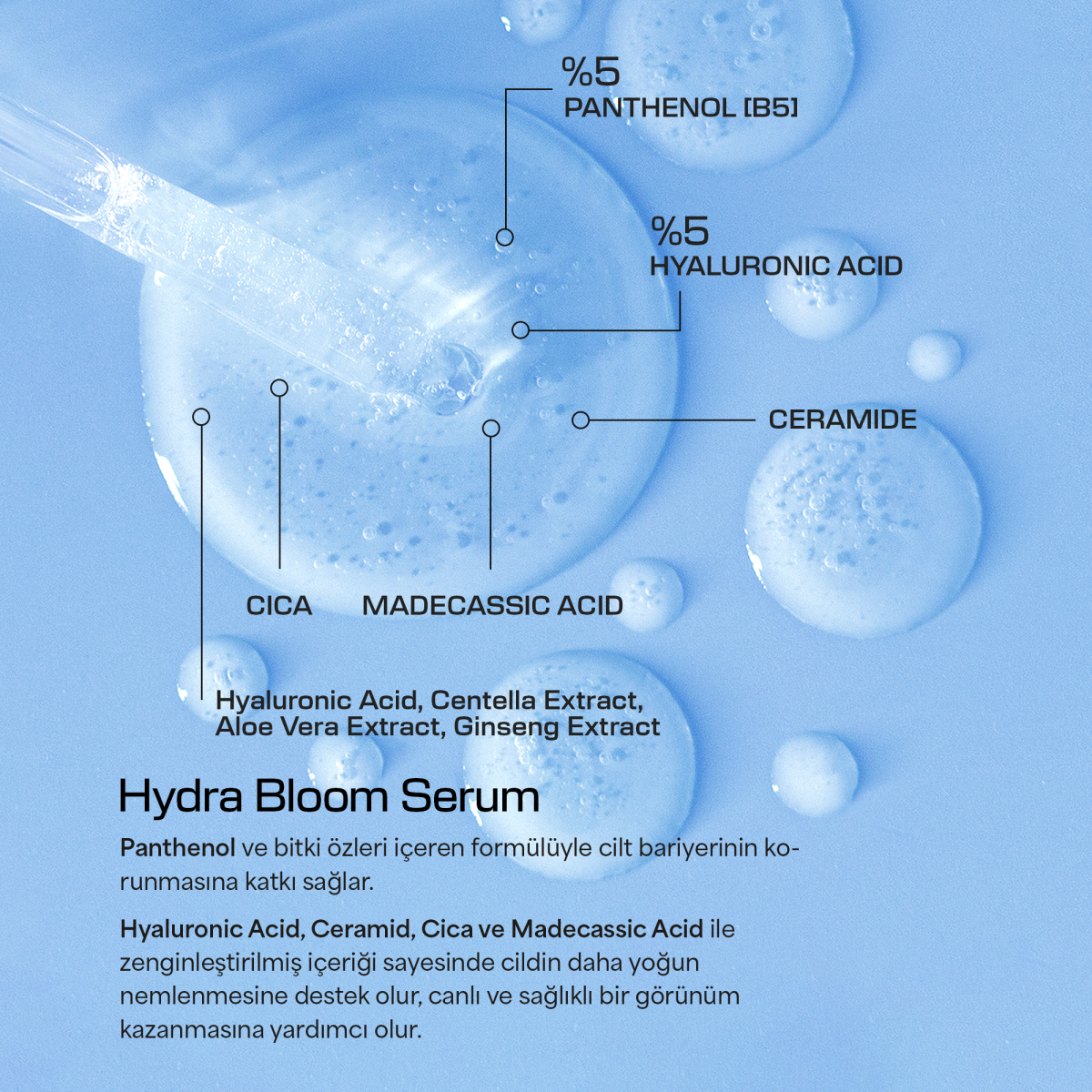 Yoğun Nemlendirici ve Bariyer Onarıcı Cilt Bakım Serumu 30 ML (Hyaluronic Acid, B5, Ceramide, Cica)